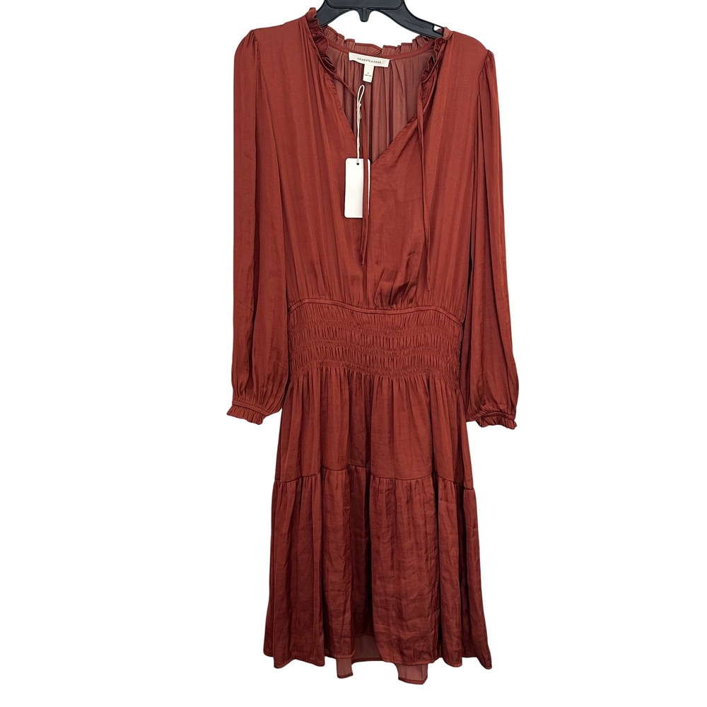 Grade & Gather Rust Orange Long Sleeve Smocked Waist Tiered Midi Dress S 60317